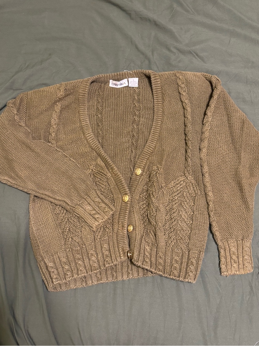 Christina Chunky Cable Knit Cardigan in Taupe with Gold Buttons